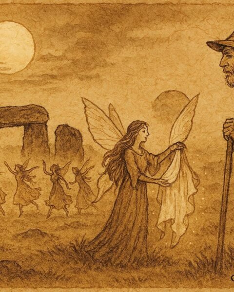 Parchment-style artwork of Welsh farmer meeting fairies under moonlight, Fairy Queen offering cloak, Welsh folktale scene.