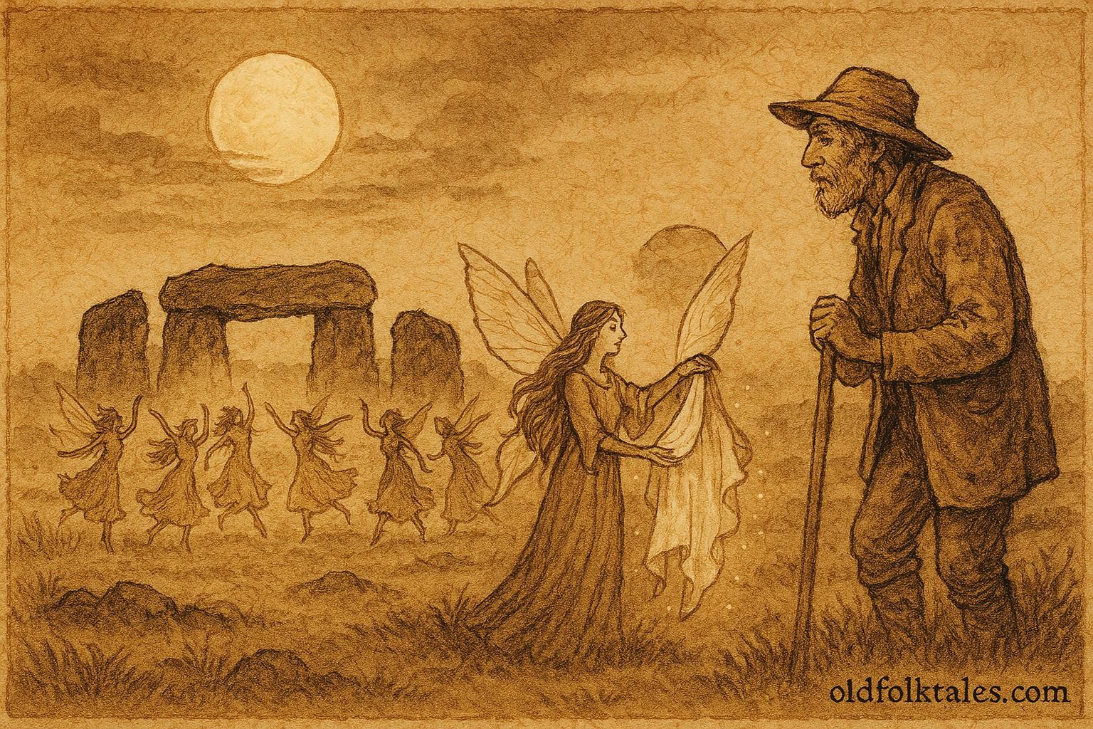 Parchment-style artwork of Welsh farmer meeting fairies under moonlight, Fairy Queen offering cloak, Welsh folktale scene.