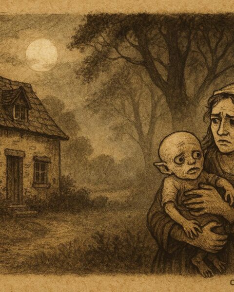 Parchment-style illustration of a French mother discovering a changeling in the forest at night.
