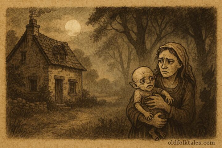 Parchment-style illustration of a French mother discovering a changeling in the forest at night.