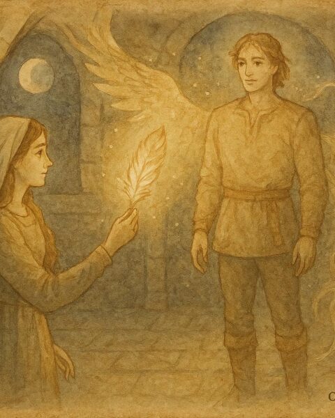 An artwork of Marfa holding a glowing feather as Finist transforms, Russian folktale scene.