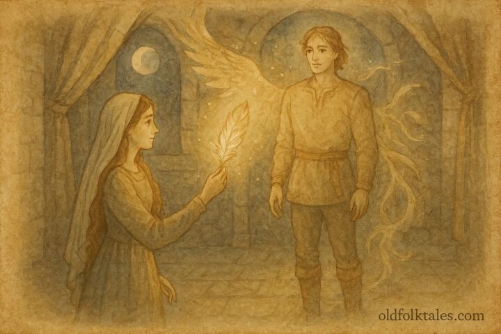 An artwork of Marfa holding a glowing feather as Finist transforms, Russian folktale scene.