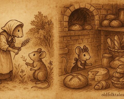 Parchment-style illustration of two Luxembourgish mice, one rural and one urban, sharing food between countryside and city scenes.