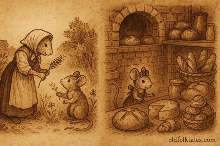 Parchment-style illustration of two Luxembourgish mice, one rural and one urban, sharing food between countryside and city scenes.