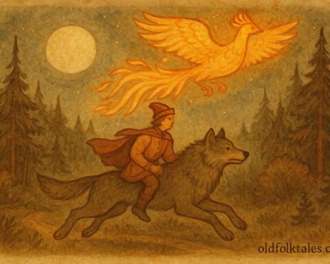An artwork of Prince Ivan riding the Grey Wolf under the Firebird, Russian folktale scene.