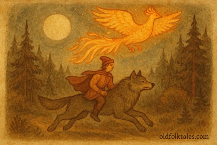 An artwork of Prince Ivan riding the Grey Wolf under the Firebird, Russian folktale scene.