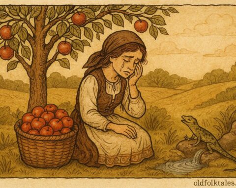 A style artwork of a blind Bulgarian girl under an apple tree with a talking lizard