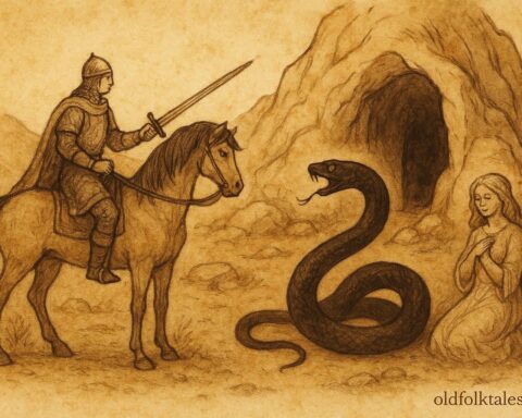 An illustration of the forty-first brother battling the Black Serpent, Ukrainian folktale scene.