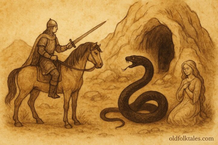 An illustration of the forty-first brother battling the Black Serpent, Ukrainian folktale scene.