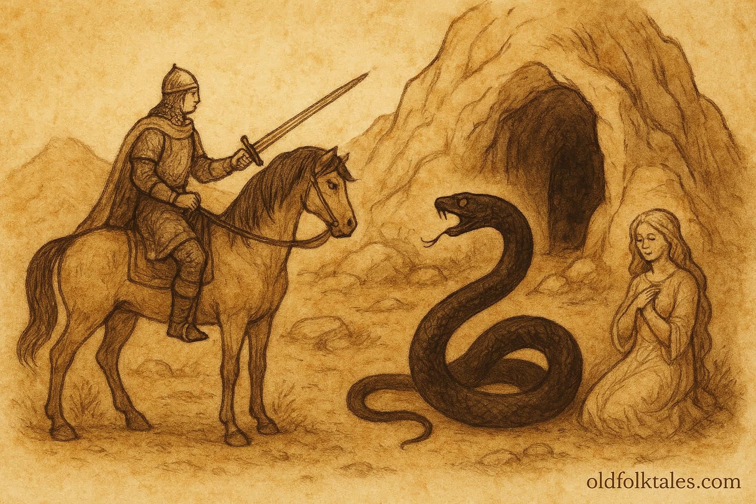 An illustration of the forty-first brother battling the Black Serpent, Ukrainian folktale scene.