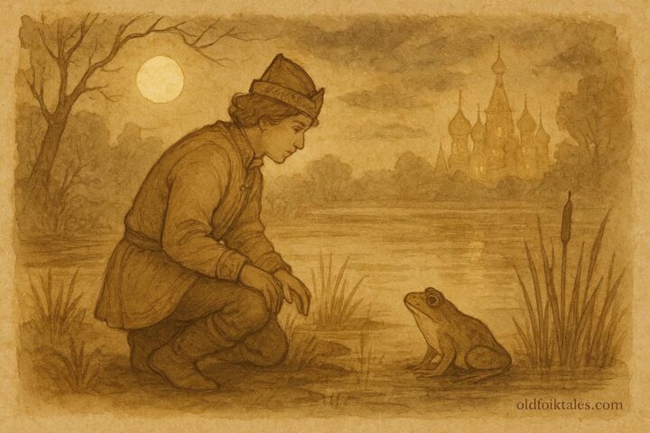 An artwork of Prince Ivan and the enchanted frog under moonlight, Russian folktale scene.