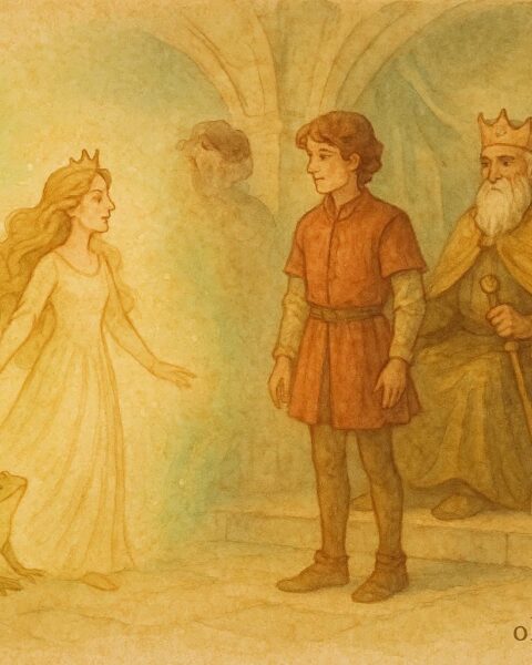 An artwork of the Frog Princess transforming before the prince and king, Polish folktale scene.