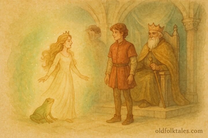 An artwork of the Frog Princess transforming before the prince and king, Polish folktale scene.