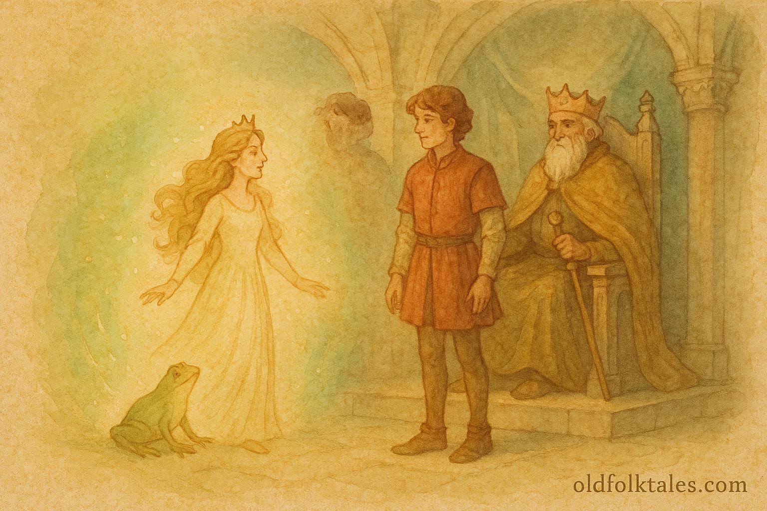 An artwork of the Frog Princess transforming before the prince and king, Polish folktale scene.