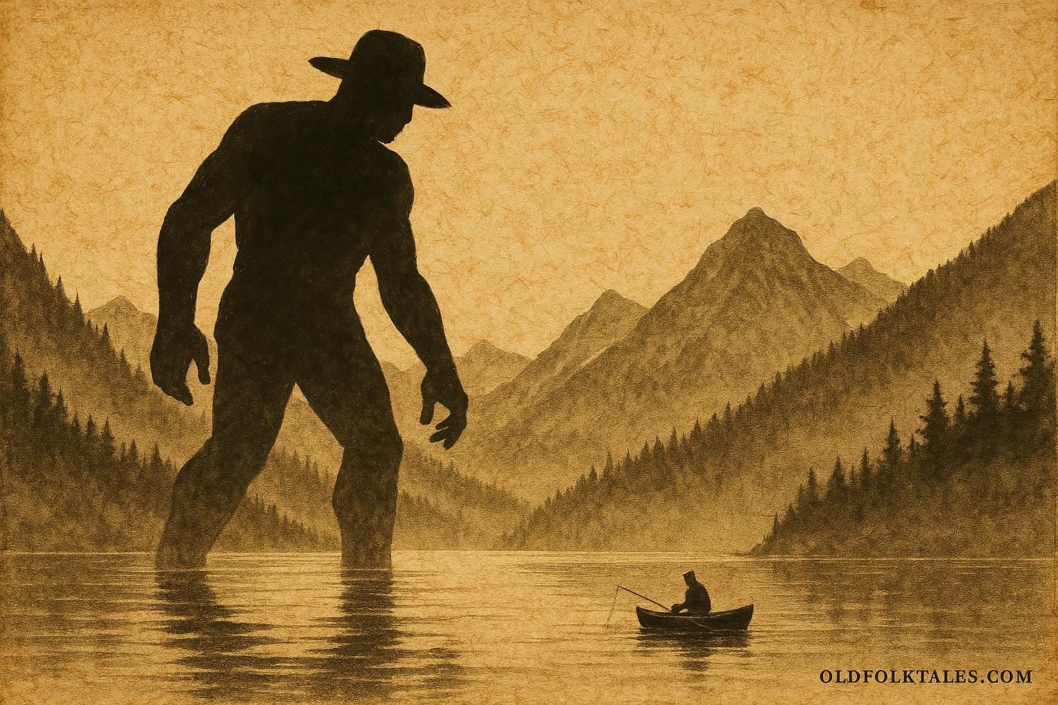 Parchment-style artwork of Giant Jordan looming over a misty Alpine lake, Tyrolean folktale scene.