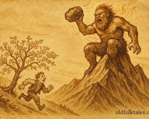 Parchment-style artwork of the Giant Serles throwing a rock at a fleeing tailor, Austrian folktale scene.