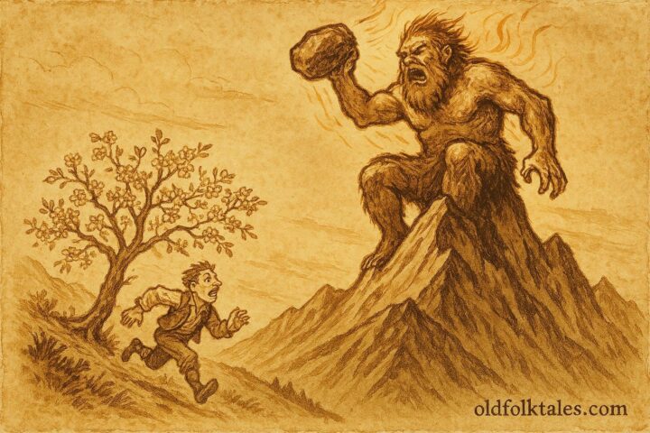 Parchment-style artwork of the Giant Serles throwing a rock at a fleeing tailor, Austrian folktale scene.