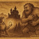 Parchment-style artwork of the prince holding the giant’s heart-egg near a Norwegian castle, folktale scene.