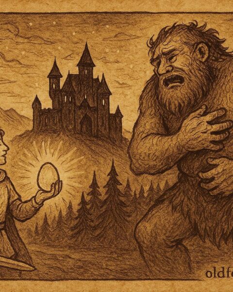 Parchment-style artwork of the prince holding the giant’s heart-egg near a Norwegian castle, folktale scene.