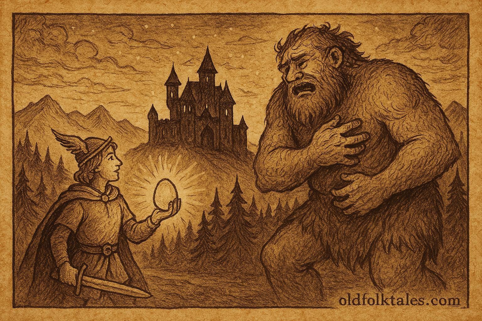 Parchment-style artwork of the prince holding the giant’s heart-egg near a Norwegian castle, folktale scene.