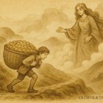 Parchment-style artwork of a Welsh youth climbing a misty mountain watched by a giantess.