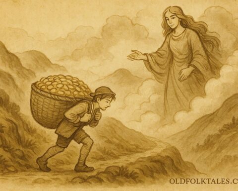 Parchment-style artwork of a Welsh youth climbing a misty mountain watched by a giantess.