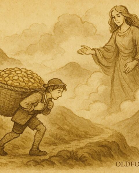 Parchment-style artwork of a Welsh youth climbing a misty mountain watched by a giantess.