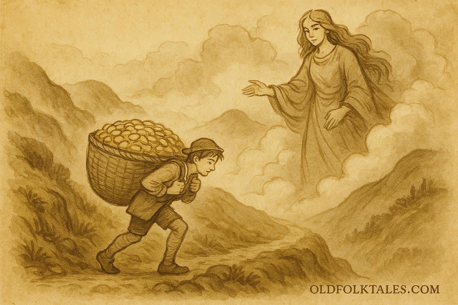 Parchment-style artwork of a Welsh youth climbing a misty mountain watched by a giantess.