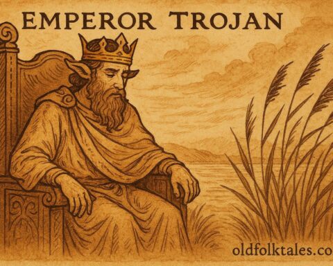 An artwork of Emperor Trojan with goat’s ears and whispering reeds, Serbian folktale scene.