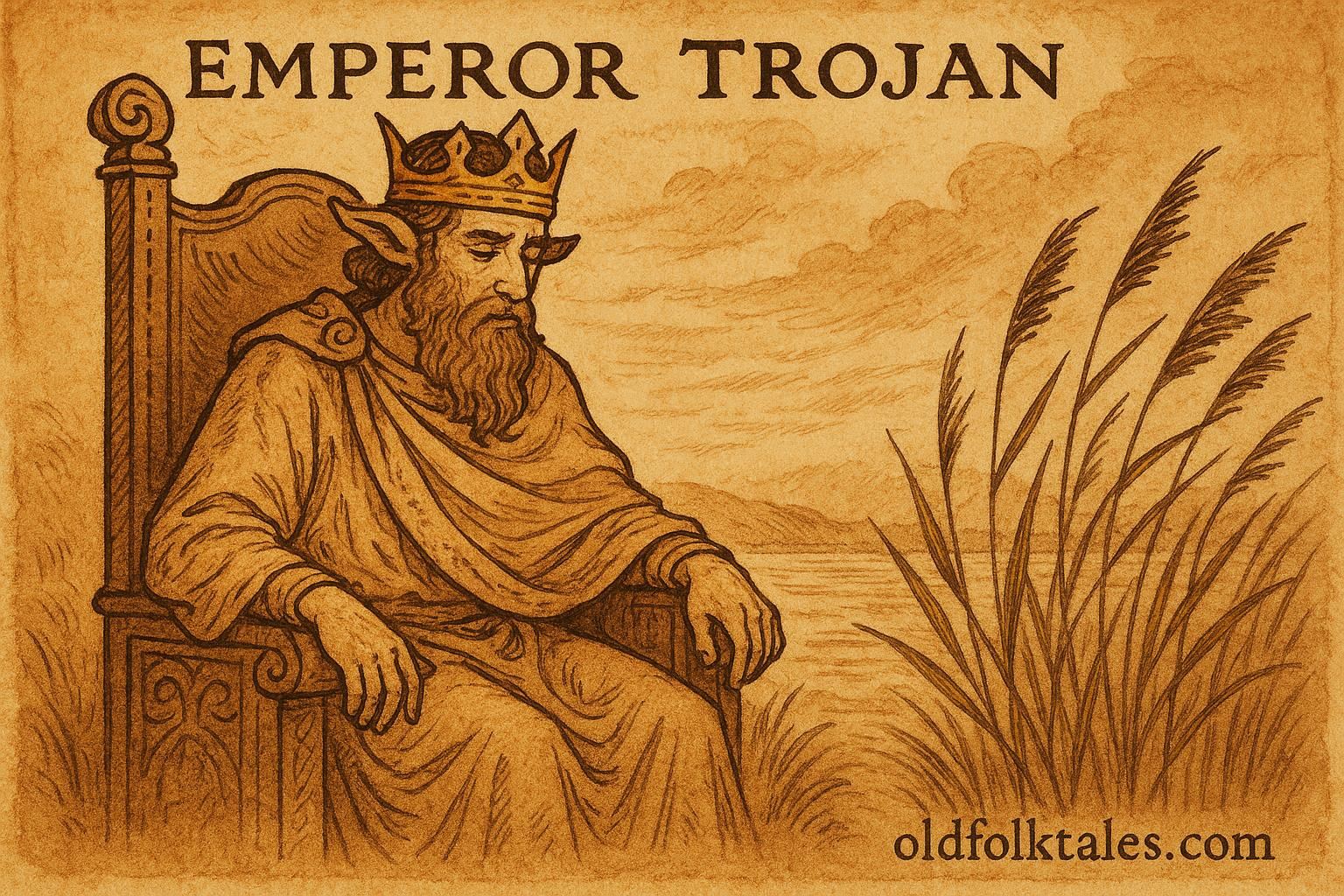 An artwork of Emperor Trojan with goat’s ears and whispering reeds, Serbian folktale scene.