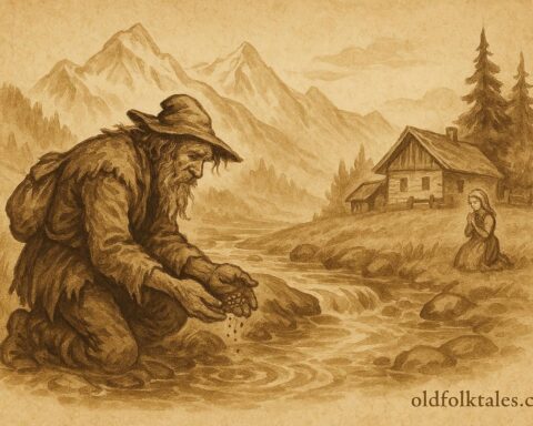 Parchment-style illustration of a Tyrolean gold-seeker beside a mountain stream with a praying girl, Austrian folktale.
