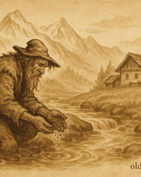 Parchment-style illustration of a Tyrolean gold-seeker beside a mountain stream with a praying girl, Austrian folktale.