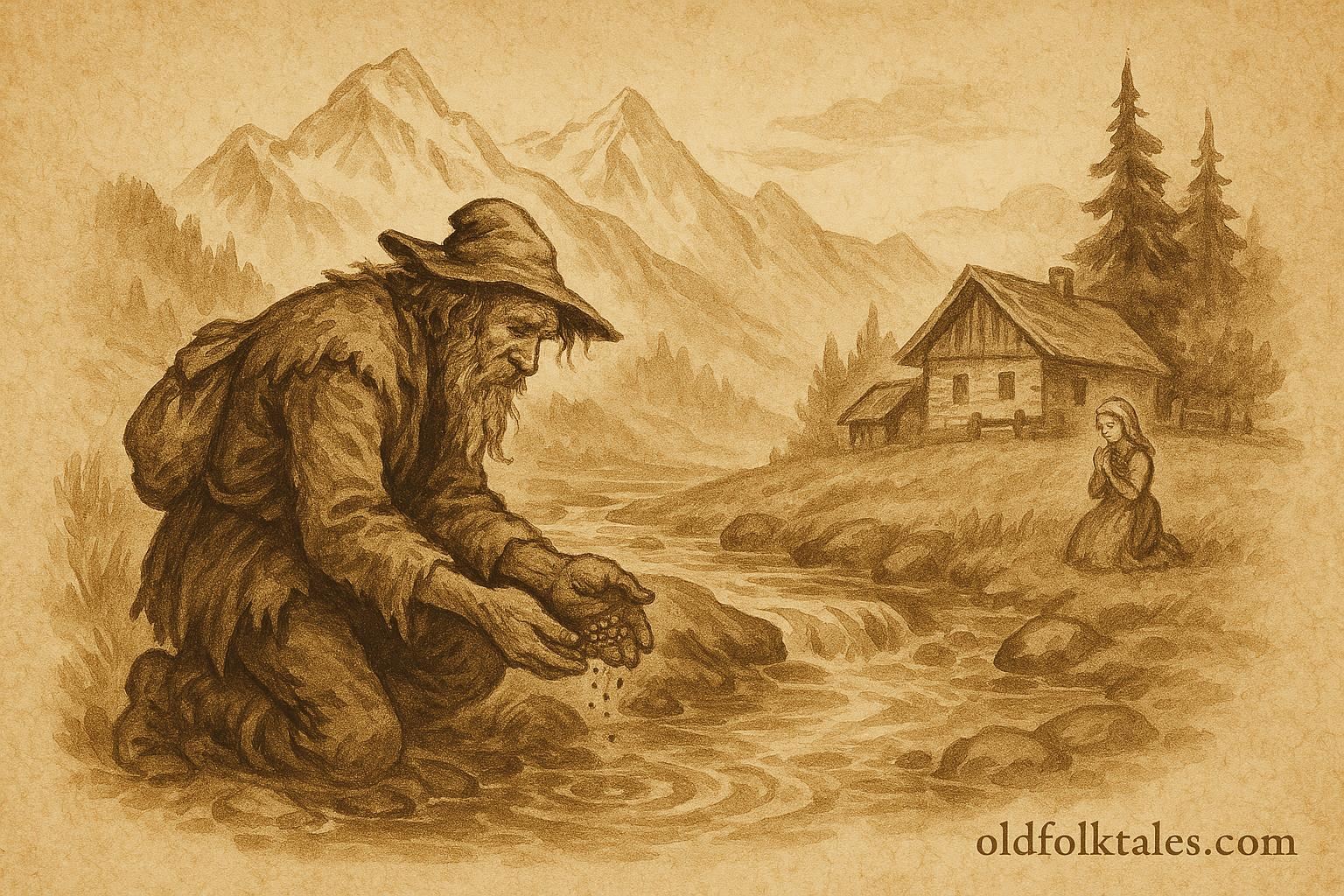 Parchment-style illustration of a Tyrolean gold-seeker beside a mountain stream with a praying girl, Austrian folktale.