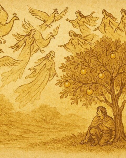 An artwork of a prince under a golden apple tree watching nine peahens descend, Bosnian folktale scene.