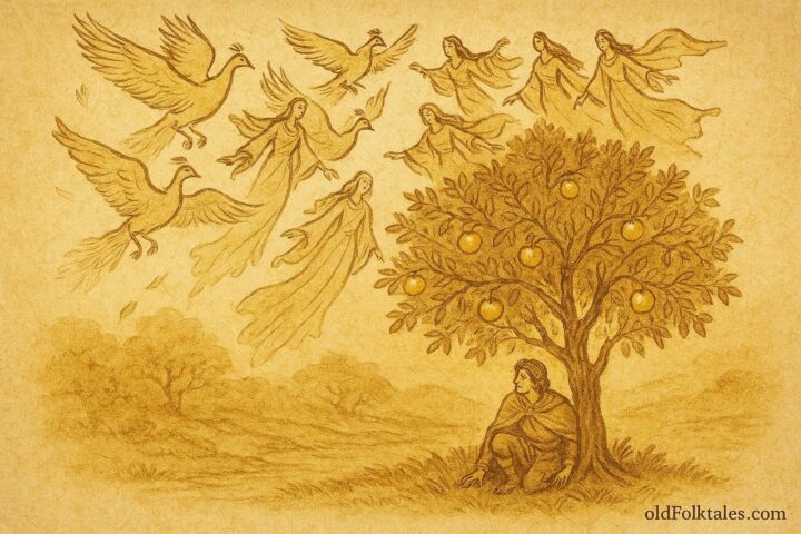 An artwork of a prince under a golden apple tree watching nine peahens descend, Bosnian folktale scene.