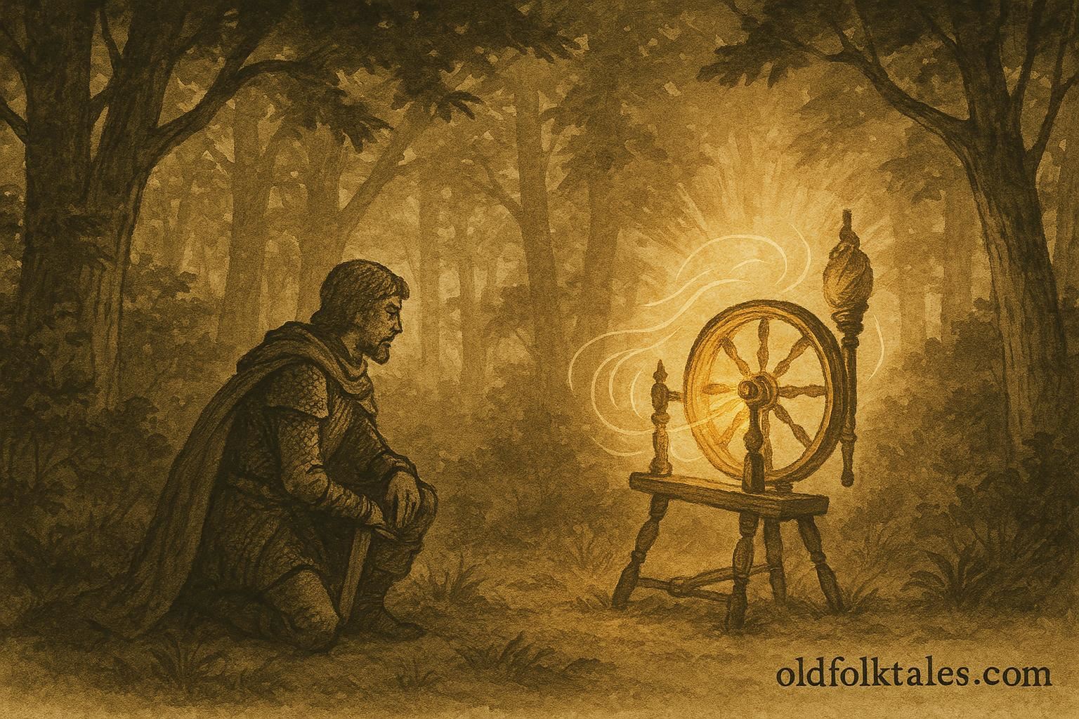 Parchment-style illustration of the knight listening to a magical golden spinning wheel, Czech folktale scene.