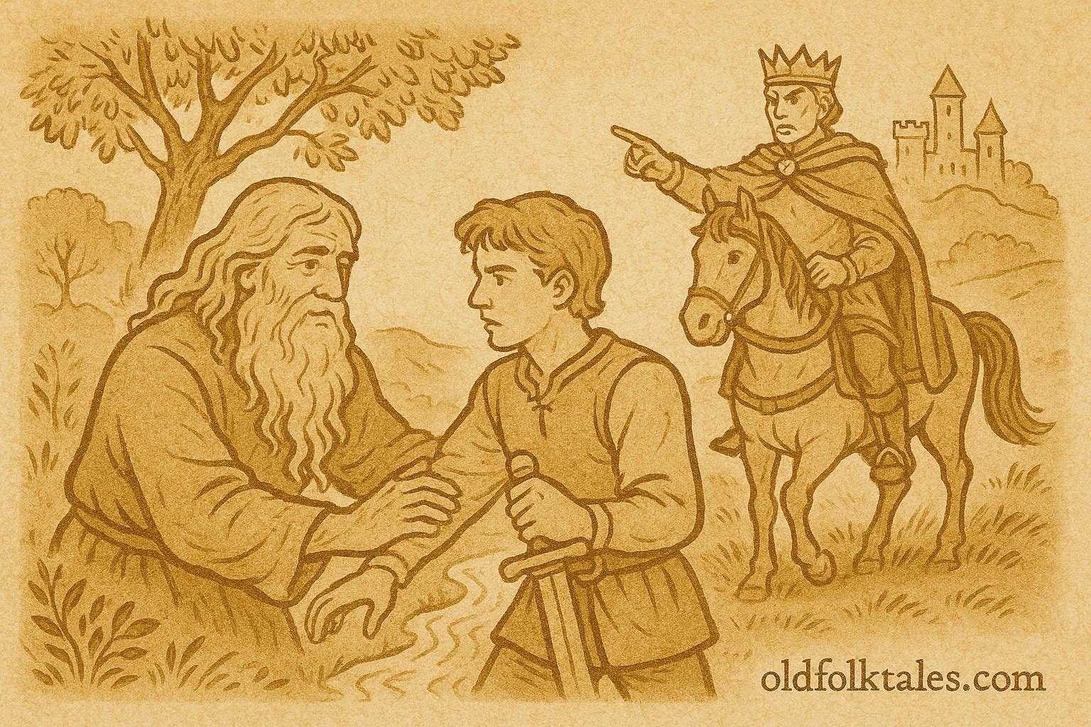 An artwork of the golden-bearded man at the milk-white brook, Hungarian folktale scene