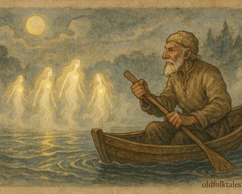 An artwork of an old Polish ferryman meeting glowing water nymphs on a moonlit river.