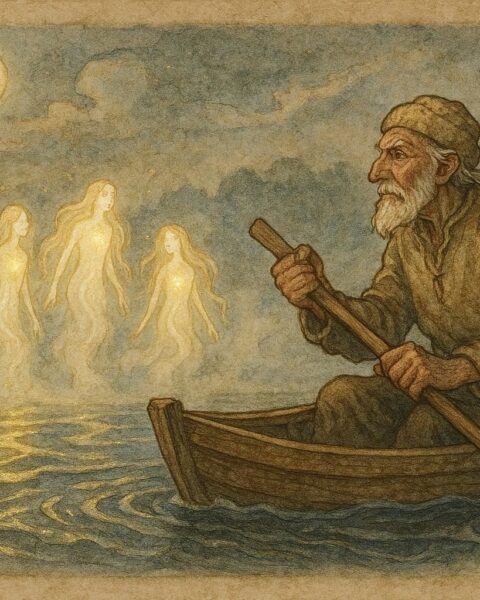 An artwork of an old Polish ferryman meeting glowing water nymphs on a moonlit river.