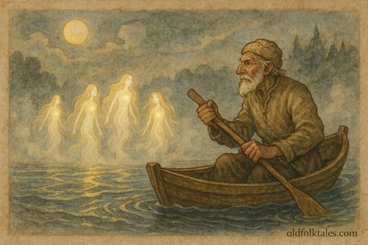 An artwork of an old Polish ferryman meeting glowing water nymphs on a moonlit river.