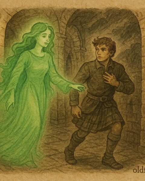 Parchment-style artwork of the Green Lady guiding a laird through a Highland castle, Scottish folktale scene.