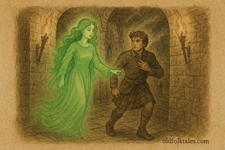 Parchment-style artwork of the Green Lady guiding a laird through a Highland castle, Scottish folktale scene.