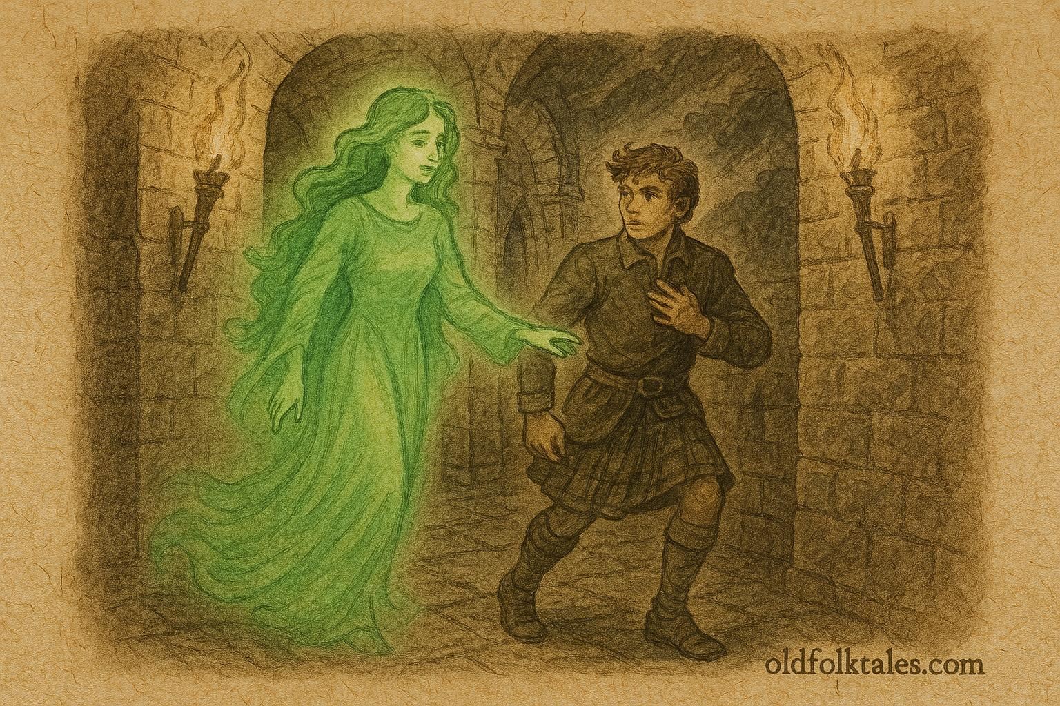 Parchment-style artwork of the Green Lady guiding a laird through a Highland castle, Scottish folktale scene.