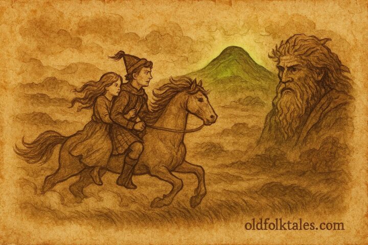 Parchment-style artwork of Scottish prince and maiden fleeing the Green Man of Knowledge.