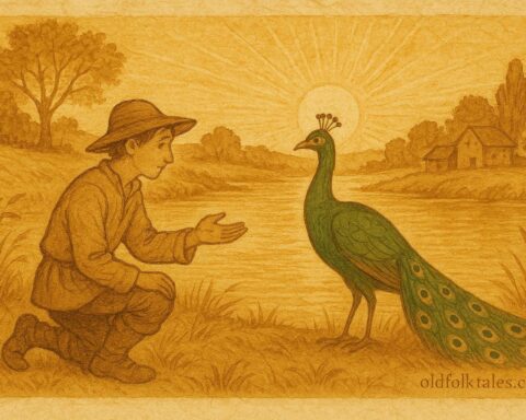 Parchment-style artwork of Jean and the magical green peacock by a French riverside at sunset.