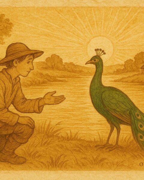 Parchment-style artwork of Jean and the magical green peacock by a French riverside at sunset.