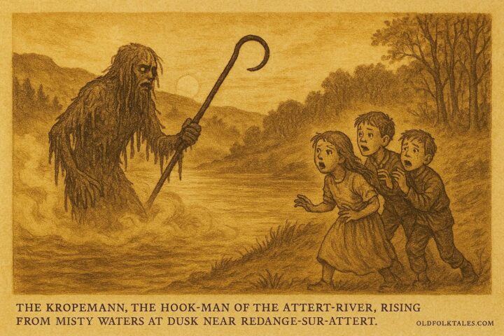 Parchment-style artwork of the Kropemann emerging from the Attert River, Luxembourgish folktale scene.