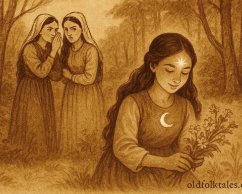 An illustration of three Albanian sisters in a forest, youngest glowing with star and moon, Albanian folktale scene.