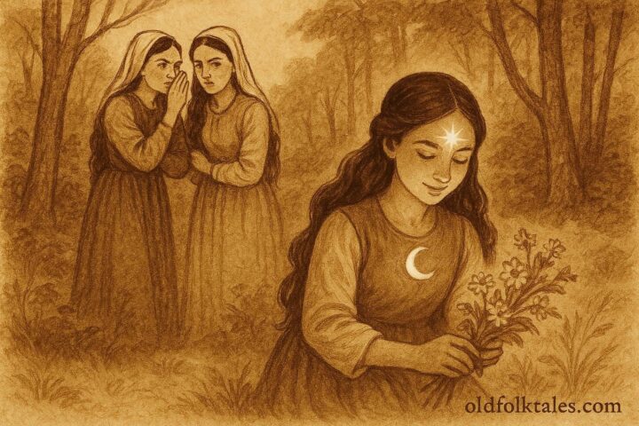 An illustration of three Albanian sisters in a forest, youngest glowing with star and moon, Albanian folktale scene.