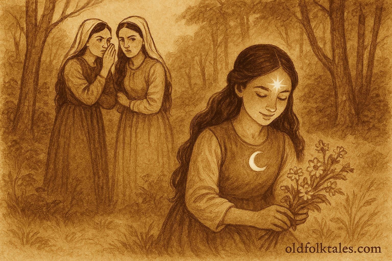 An illustration of three Albanian sisters in a forest, youngest glowing with star and moon, Albanian folktale scene.
